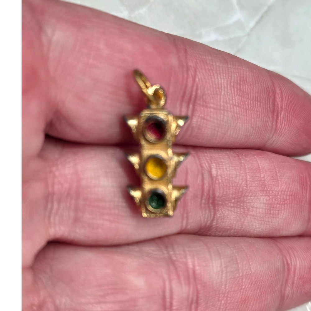 Vintage Traffic Stop Red Light Pendant Charm Gold Tone Red Yellow Green Enamel